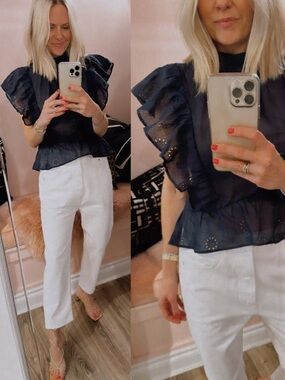 FRAME Eyelet Peplum Hem Navy Ramie Ruffle Top Boho Festival Style